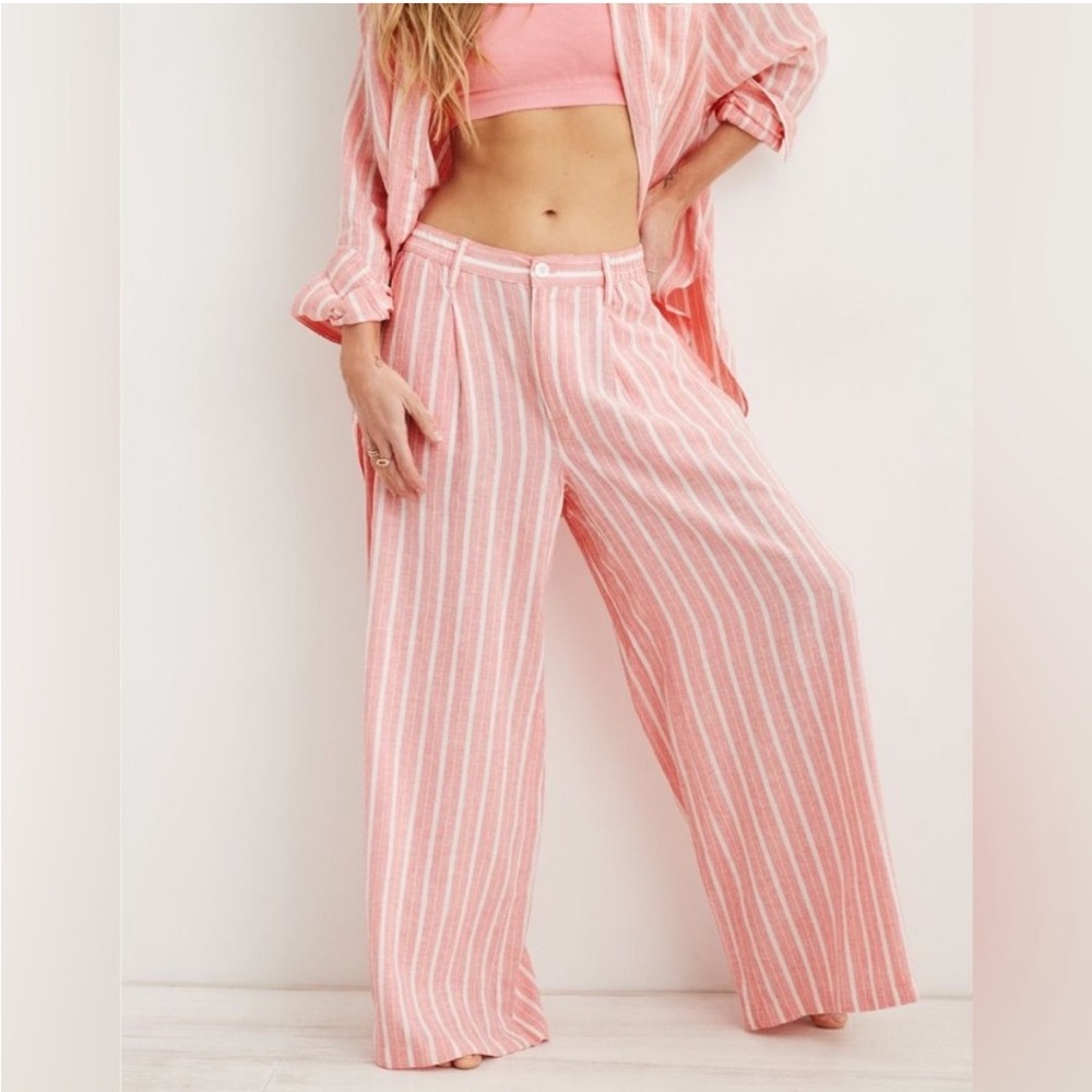 NWT Aerie Pool To Party Striped Wide Leg Linen Blend Pants